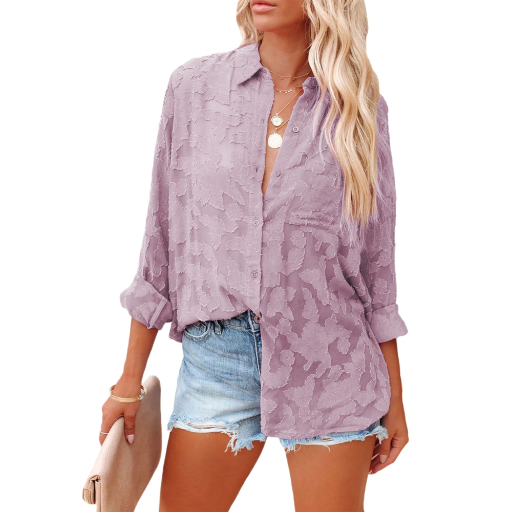 Women Blouse Lace Turn Down Collar Long Sleeve Exquisite Loose Top with Single Breasted Button for Office Purple S