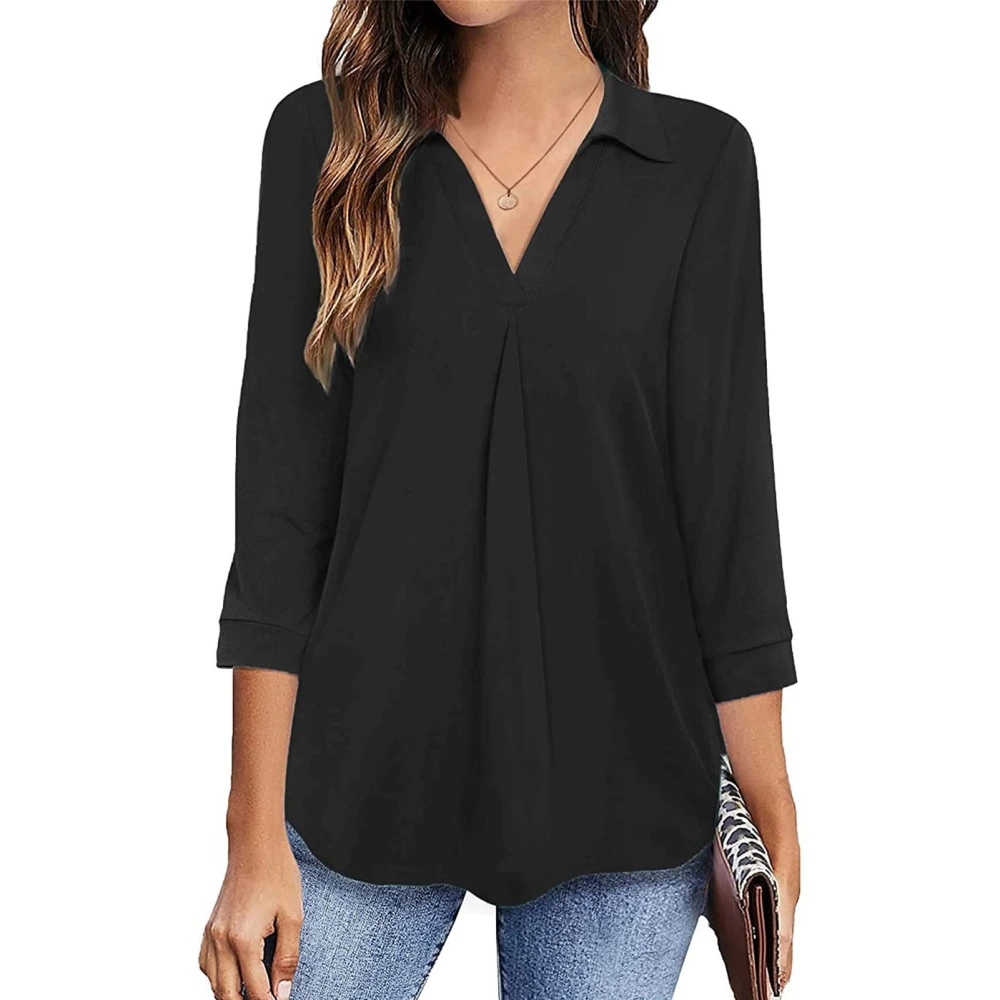 Women V Neck Shirt Fashionable Casual Loose Pure Color Pleated Curved Hem Blouse for Daily Life Work Black XXL