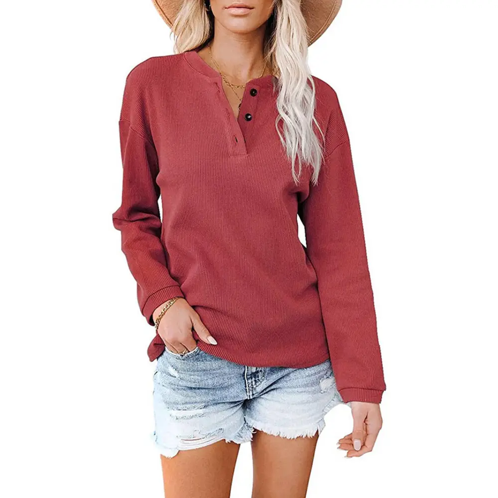 Women Casual Blouse Elegant Pure Color Long Sleeve V Neck Drop Shoulder Buttoned Blouse Red S