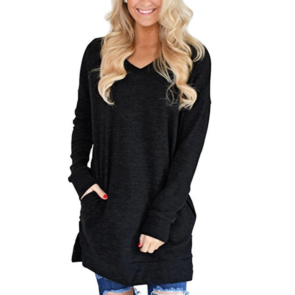 Long Blouse V Neck Long Sleeve Pure Color Pocket Side Slit Casual Tops for Women Black XL