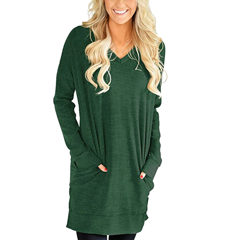 Long Blouse V Neck Long Sleeve Pure Color Pocket Side Slit Casual Tops for Women Green L