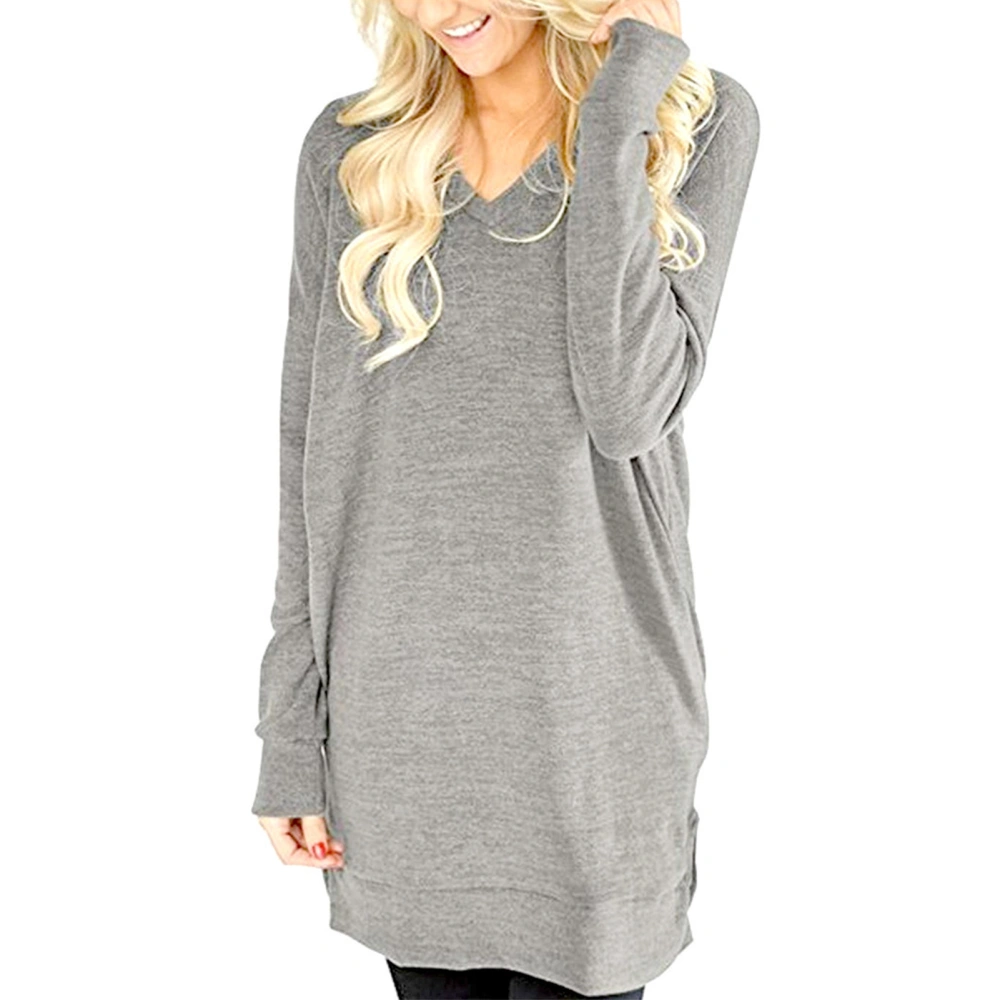 Long Blouse V Neck Long Sleeve Pure Color Pocket Side Slit Casual Tops for Women Light Gray XL