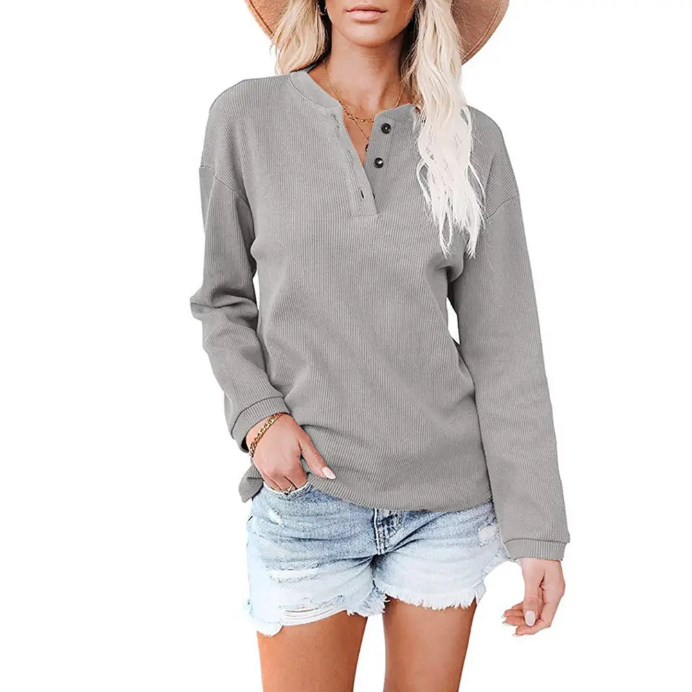 Women Casual Blouse Elegant Pure Color Long Sleeve V Neck Drop Shoulder Buttoned Blouse Grey S