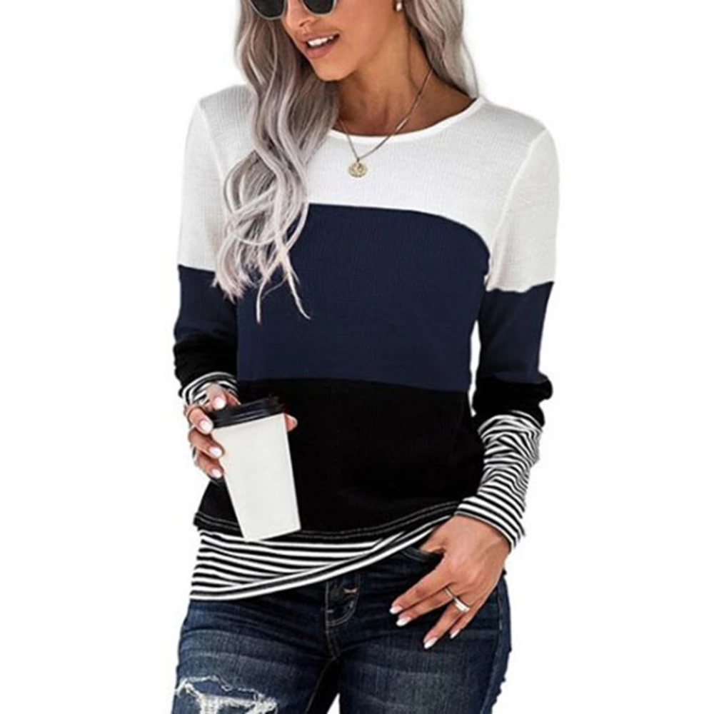 Blouse Round Neck Pullover Long Sleeve Waffle Color Blocking Casual Tops for Women Dark Blue L