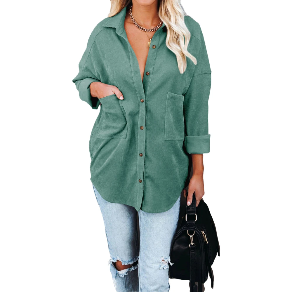 Women Button Down Jackets Corduroy Long Sleeve Shirt Pure Color Drop Shoulder Corduroy Jackets with Pockets Green L