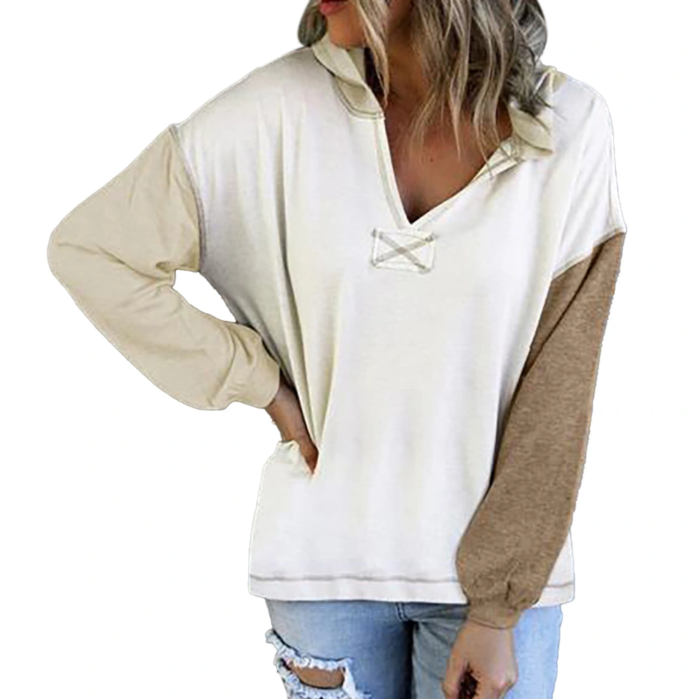 Women V Neck Hoodie Pullover Tops Stylish Casual Drop Shoulder Long Color Block Sleeve Sweatshirt Khaki M