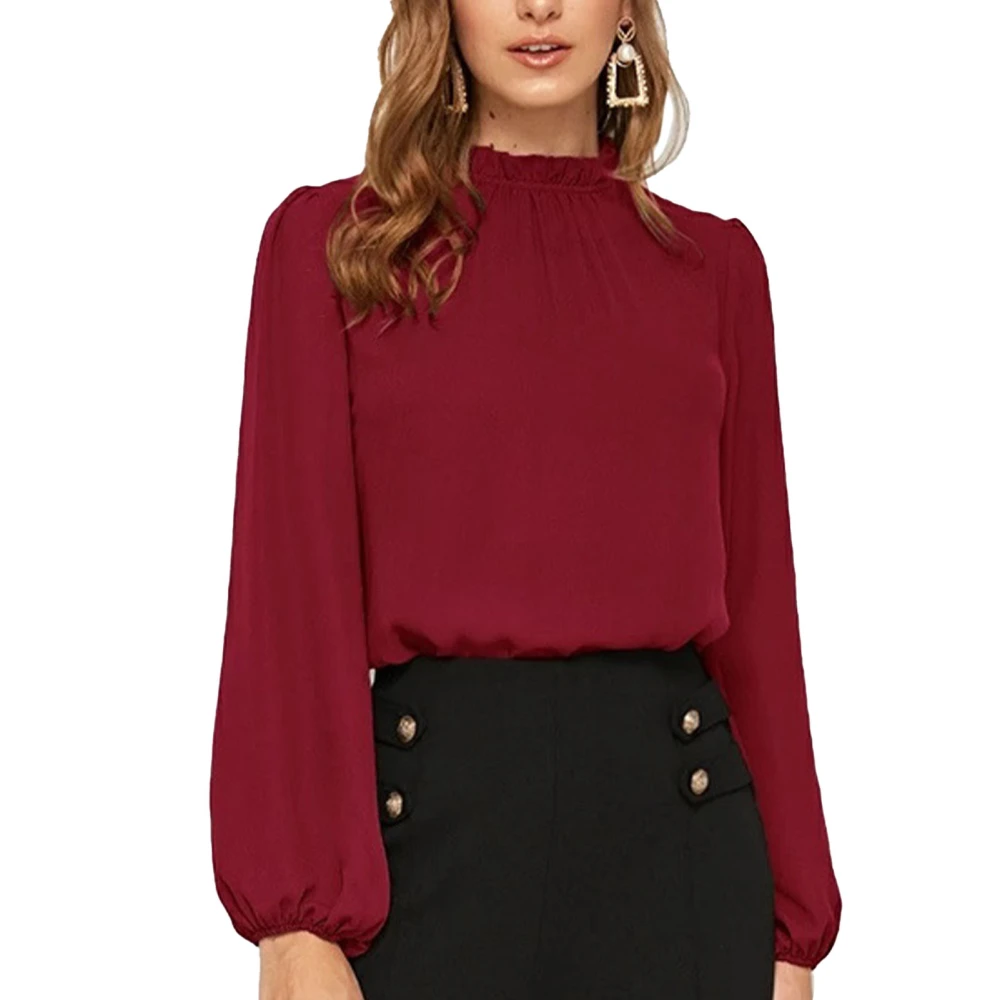 Stand Collar Blouse Pure Color Lantern Long Sleeve Breathable Chiffon Women Blouse for Home Office Shopping Travel Wine Red XL