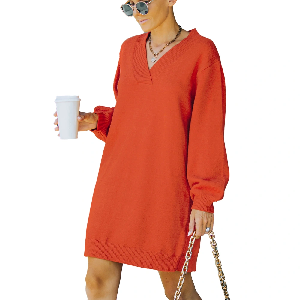 Dress V Neck Long Sleeve Pullover Pure Color Casual Comfortable Knit Dress for Women Tangerine M