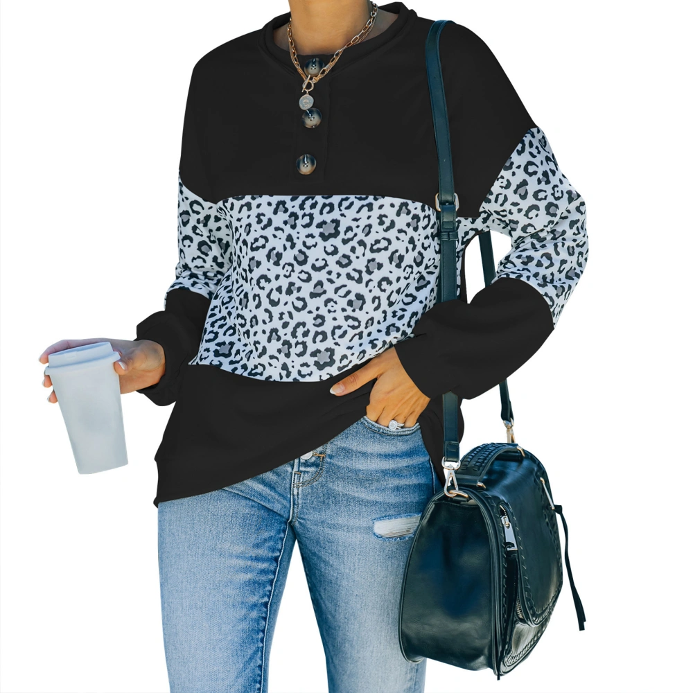 Women Long Sleeve Top Round Neck Pullover Leopard Print Stitching Polyester Fiber Comfortable Breathable Sweatshirt Black M