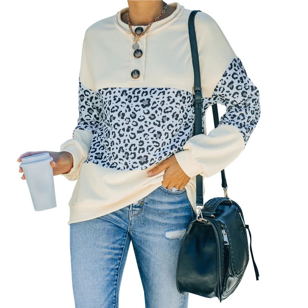 Women Long Sleeve Top Round Neck Pullover Leopard Print Stitching Polyester Fiber Comfortable Breathable Sweatshirt Apricot L