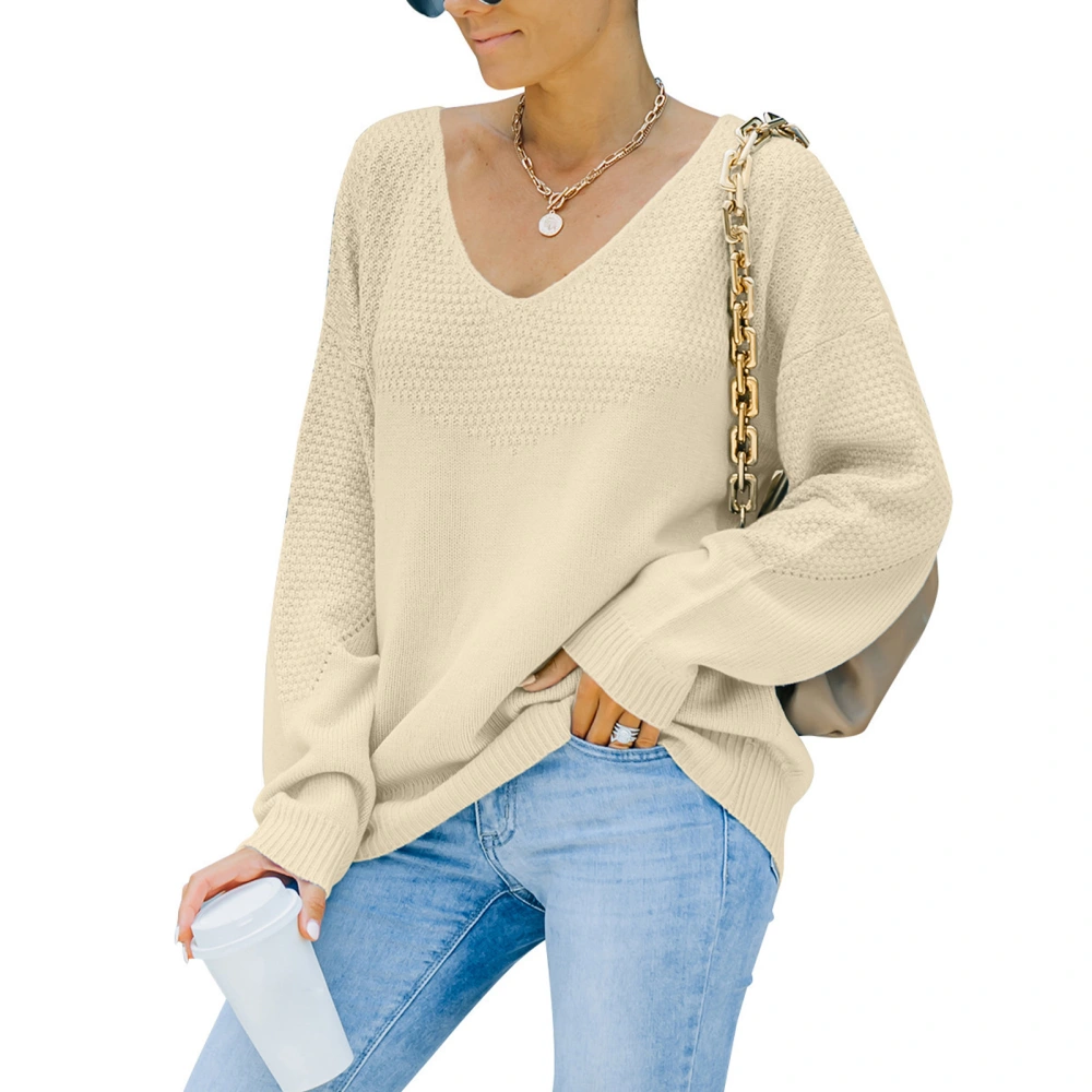 Women Sweater V Neck Acrylic Fibers Long Sleeve Pullover Soft Comfortable Ventilate Knitwear Beige Almond L