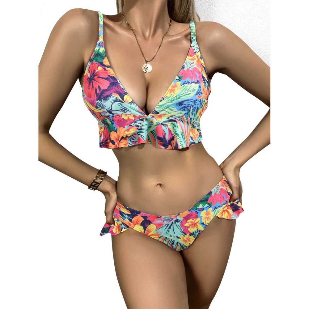 Women Bikini Swimsuit 2 Piece Set Floral Print Bathing Suit Lightweight Breathable Stretchy Bikini Swimsuit Set Pattern 2 L