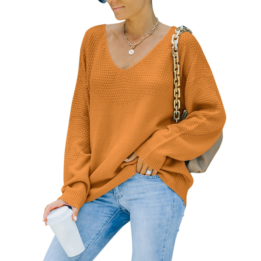 Women Sweater V Neck Acrylic Fibers Long Sleeve Pullover Soft Comfortable Ventilate Knitwear Orange Yellow XL