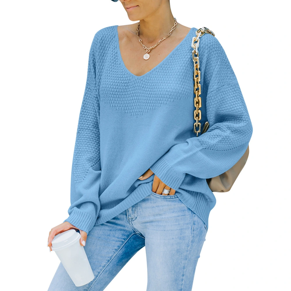 Women Sweater V Neck Acrylic Fibers Long Sleeve Pullover Soft Comfortable Ventilate Knitwear Sky Blue M