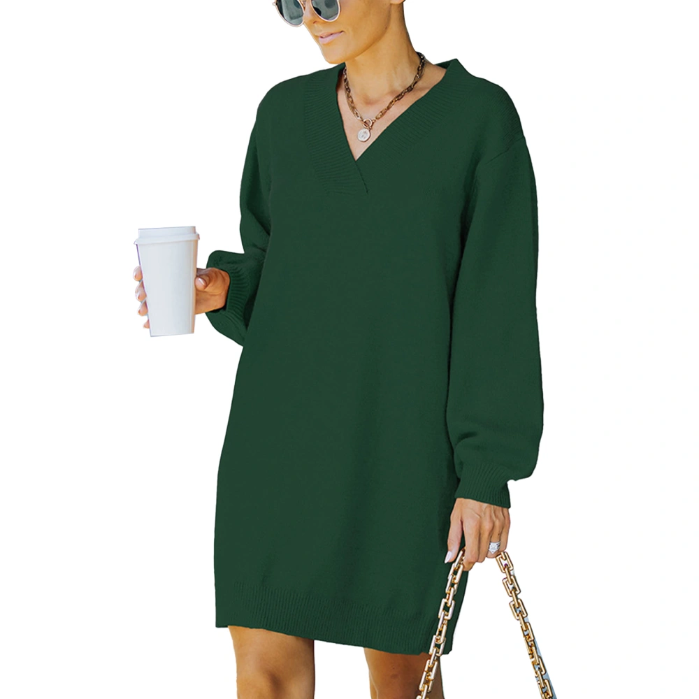 Dress V Neck Long Sleeve Pullover Pure Color Casual Comfortable Knit Dress for Women Blackish Green L