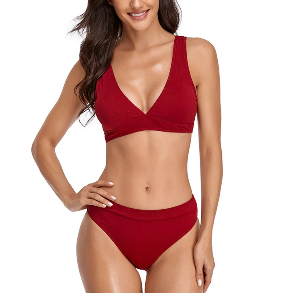 Woman Bathing Suits Two Piece Swimsuit Polyester Wide Strap Triangle V Neck Banded Swimwear Red L