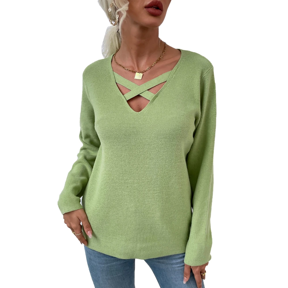 Women V Neck Criss Cross Fall Sweaters Shirts Fashion Knitted Pullover Casual Long Sleeves Tops OD Green M