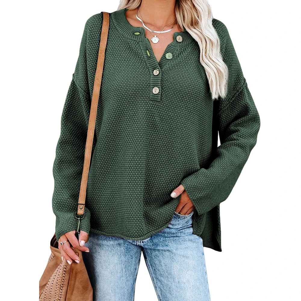 Knitwear Long Sleeve Round Neck Button Pure Color Casual Knitted Sweater for Women OD Green S