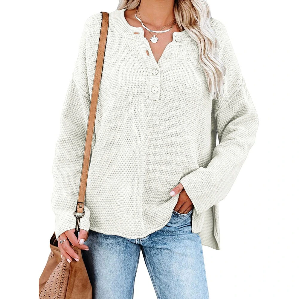 Knitwear Long Sleeve Round Neck Button Pure Color Casual Knitted Sweater for Women Beige M