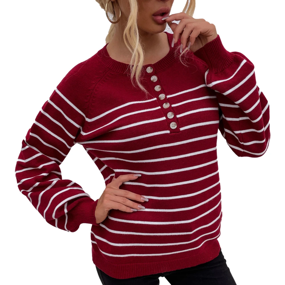 Knitwear Long Sleeve Stripe Button Cardigan Pullover Casual Knitted Sweater for Women Wine Red L