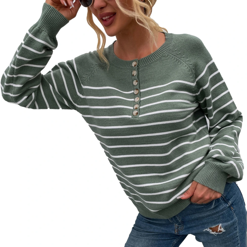 Knitwear Long Sleeve Stripe Button Cardigan Pullover Casual Knitted Sweater for Women Green L