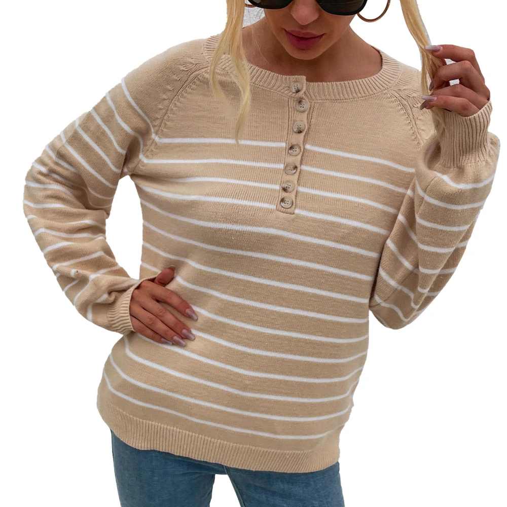 Knitwear Long Sleeve Stripe Button Cardigan Pullover Casual Knitted Sweater for Women Apricot M