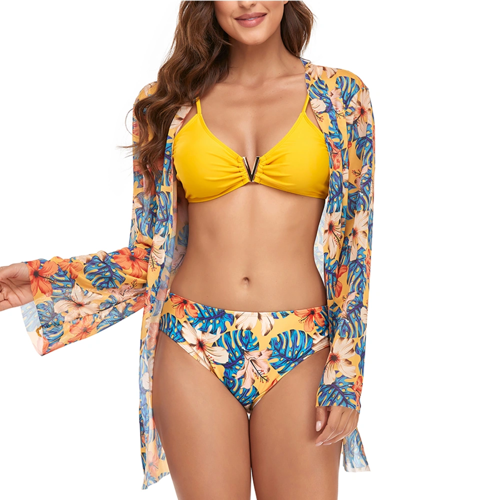 Bikini Swimsuit Pure Color Bra Printed Triangular Swim Shorts Breathable 3 Piece Women Swimwear with Loose Cover Up Yellow Bra S