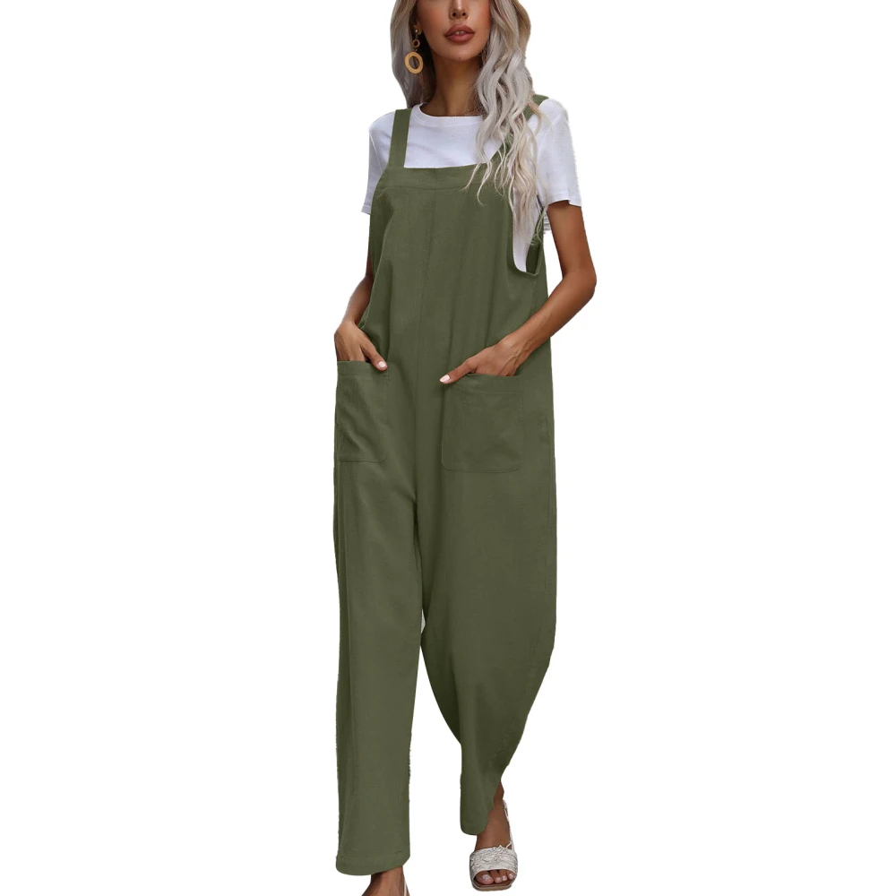 Suspender Trousers Pure Color Sleeveless Pocket Casual One Piece Pants for Women Green S