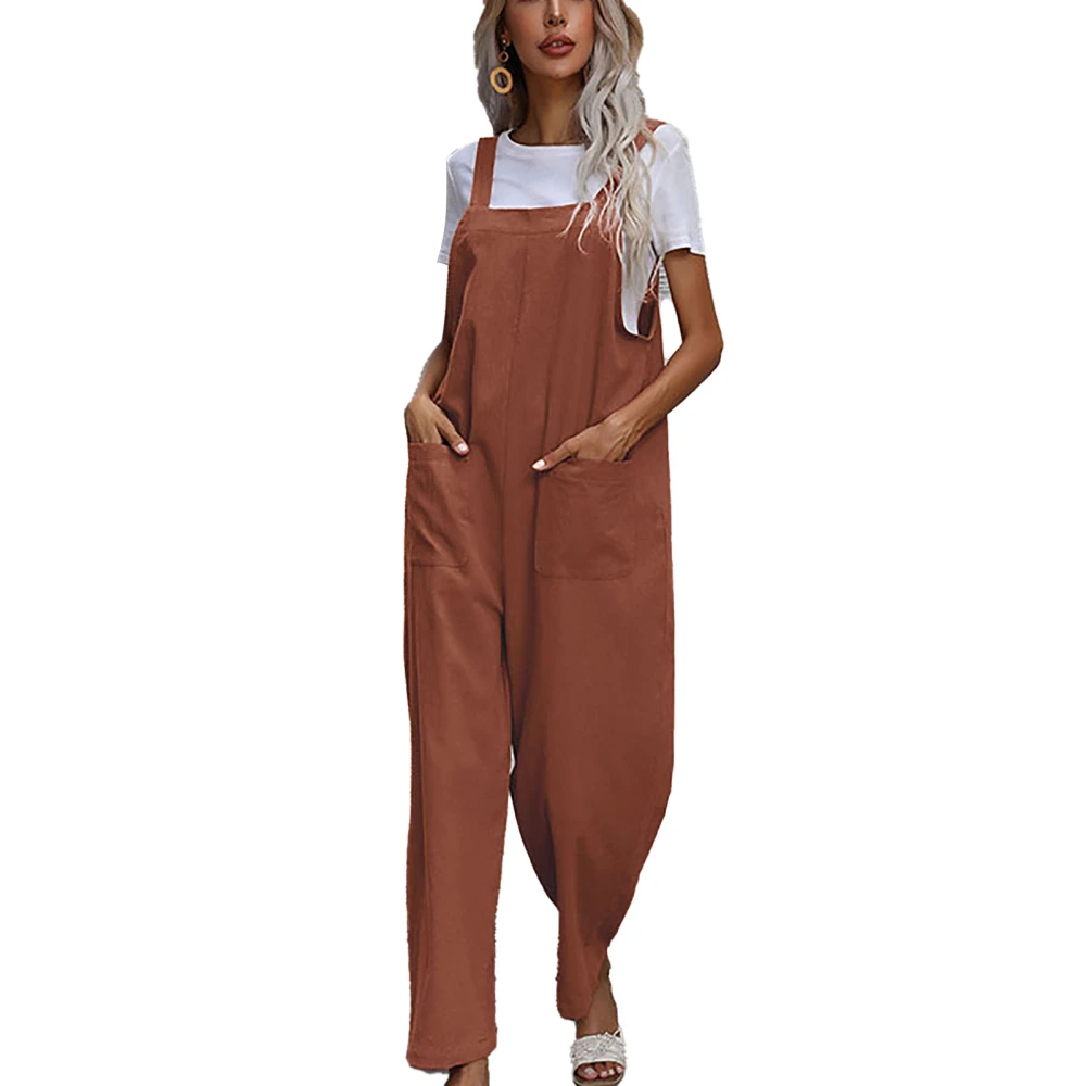 Suspender Trousers Pure Color Sleeveless Pocket Casual One Piece Pants for Women Coffee L