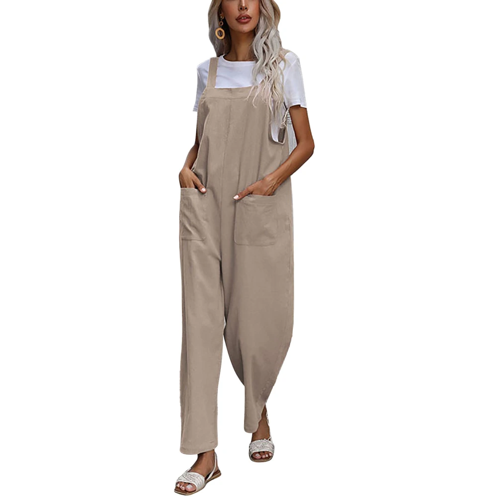 Suspender Trousers Pure Color Sleeveless Pocket Casual One Piece Pants for Women Khaki XL