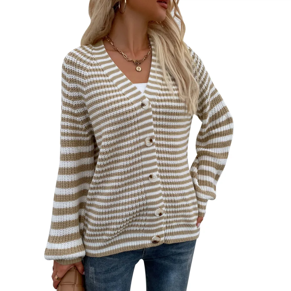 Woman Sweater V Neck Lantern Sleeves Cardigan Button Knit Striped Female Coat for Outdoor Home Khaki XL