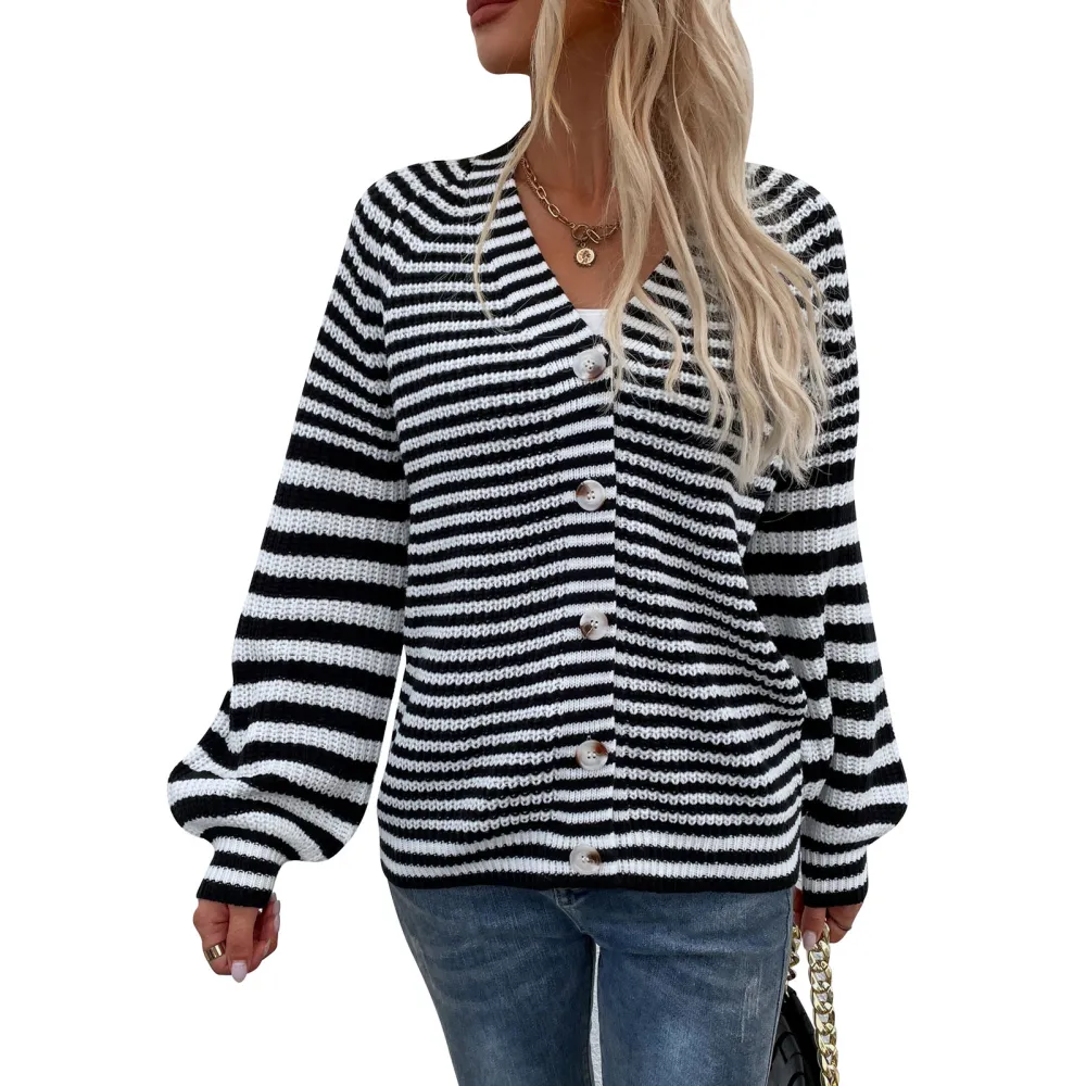 Woman Sweater V Neck Lantern Sleeves Cardigan Button Knit Striped Female Coat for Outdoor Home Black M