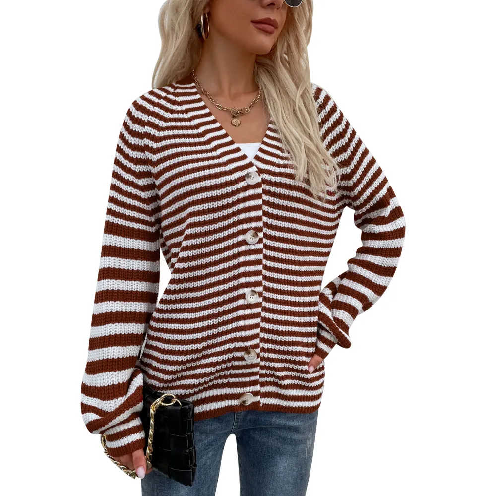 Woman Sweater V Neck Lantern Sleeves Cardigan Button Knit Striped Female Coat for Outdoor Home Red Brown S