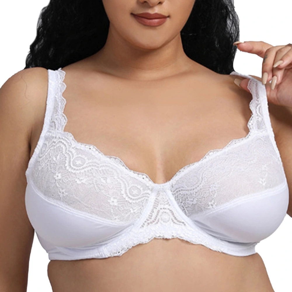 Full Cover Bra Plus Size Underwire Wide Lace Strap Low Center Front Bra for Every Day Parties 90C White