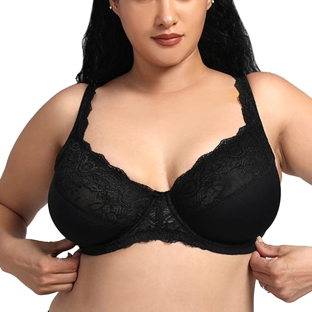 Full Cover Bra Plus Size Underwire Wide Lace Strap Low Center Front Bra for Every Day Parties 80C Black