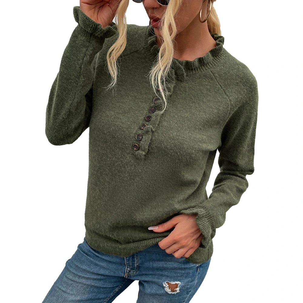 Women Long Sleeve Sweater Round Neck Button Down Casual Knitted Sweater Fungus Decoration Green M