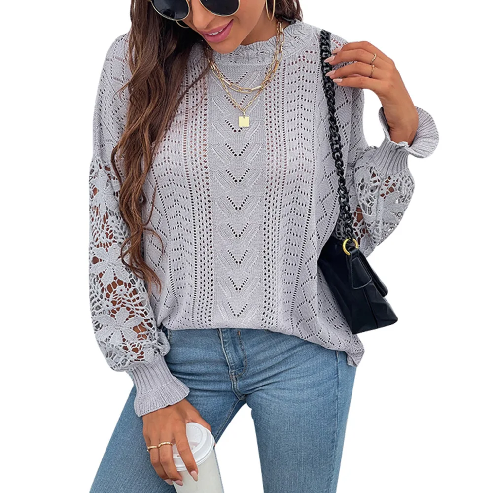 Sweater Lace Long Sleeve Round Neck Hollow Out Pure Color Casual Knitwear for Women Grey XL