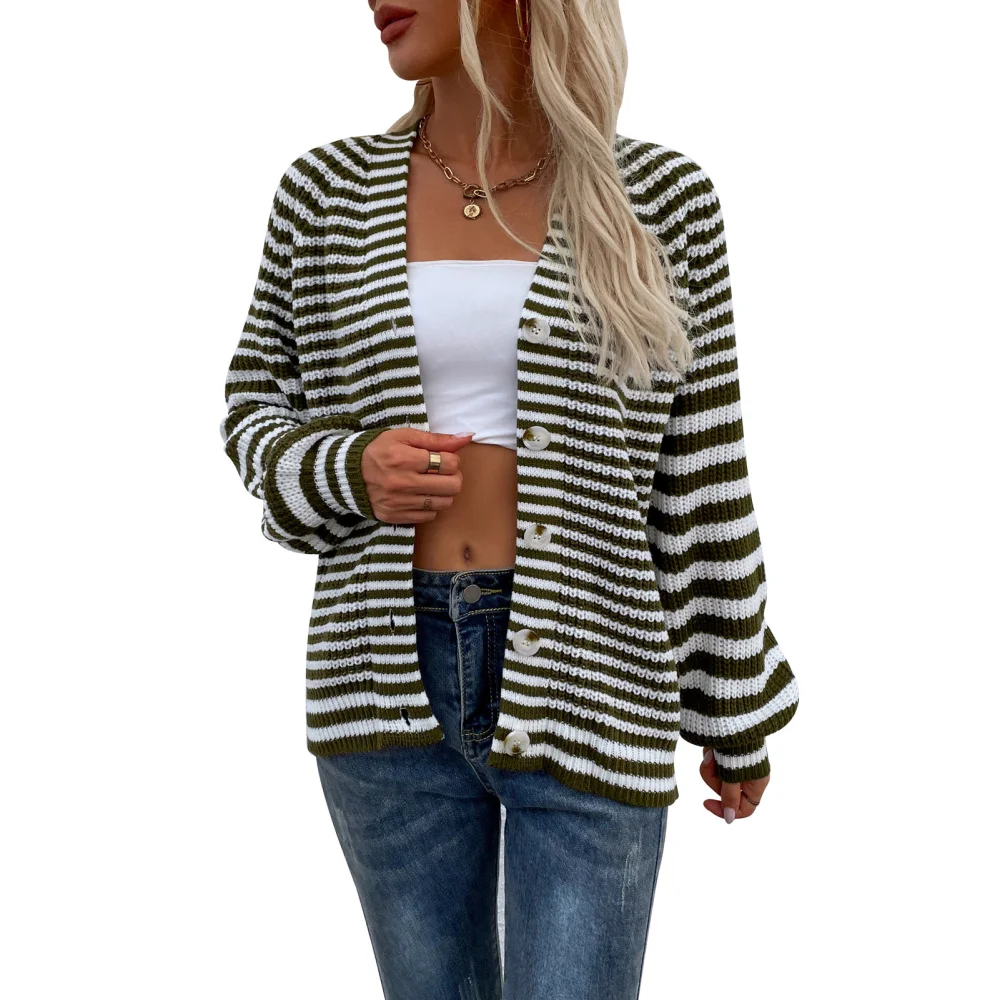 Woman Sweater V Neck Lantern Sleeves Cardigan Button Knit Striped Female Coat for Outdoor Home Green L