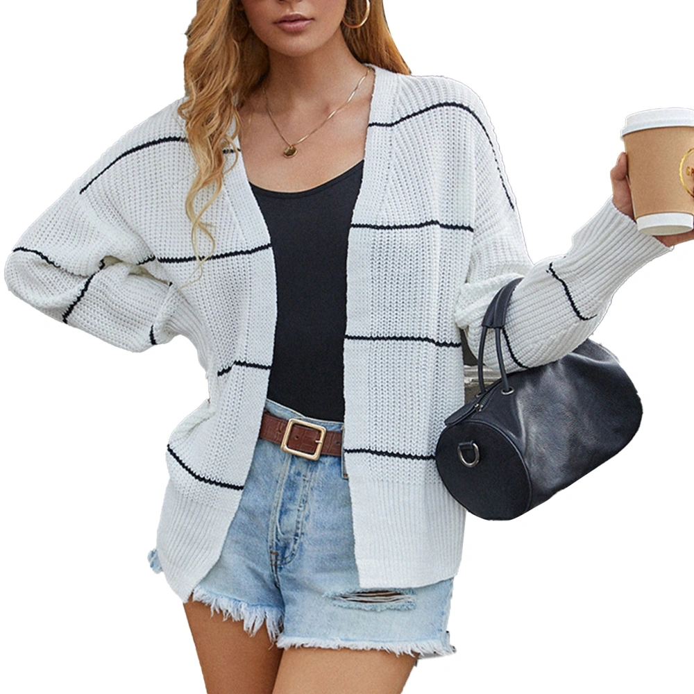 Women Knitted Cardigan Stylish Striped Open Front Knitted Sweater Skin Friendly Breathable Casual Knit Cardigan Coat White XL