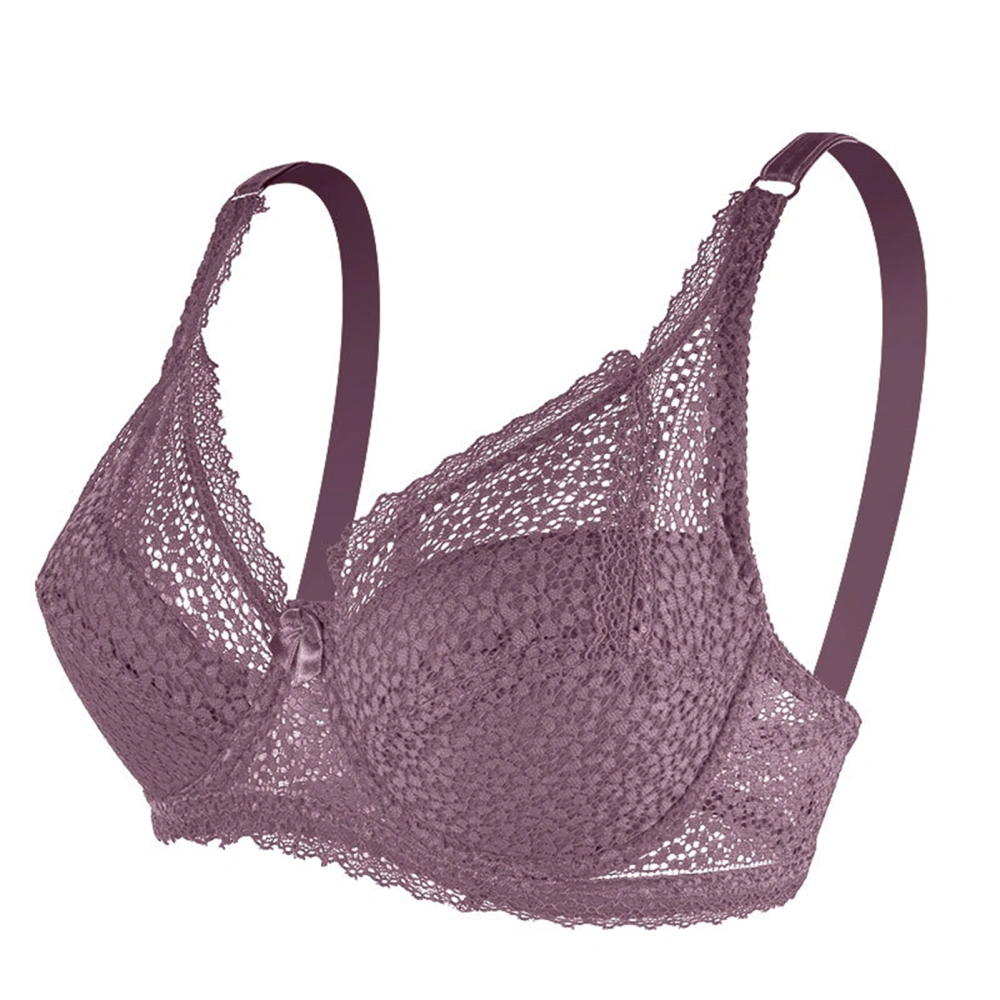 Lace Floral Bra Thin Deep V Large Size Gathered Comfortable Full Coverage Bra for Daily Wear Purple 40/90C