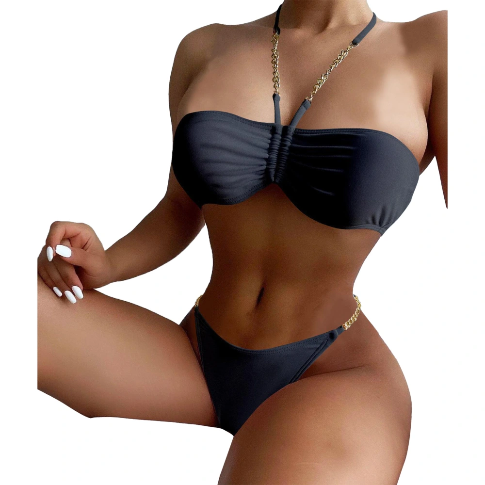 2pcs Women Bathing Suit for Women High Cut Bikini Sets Halter Top Bottom Bathing Suits Black M