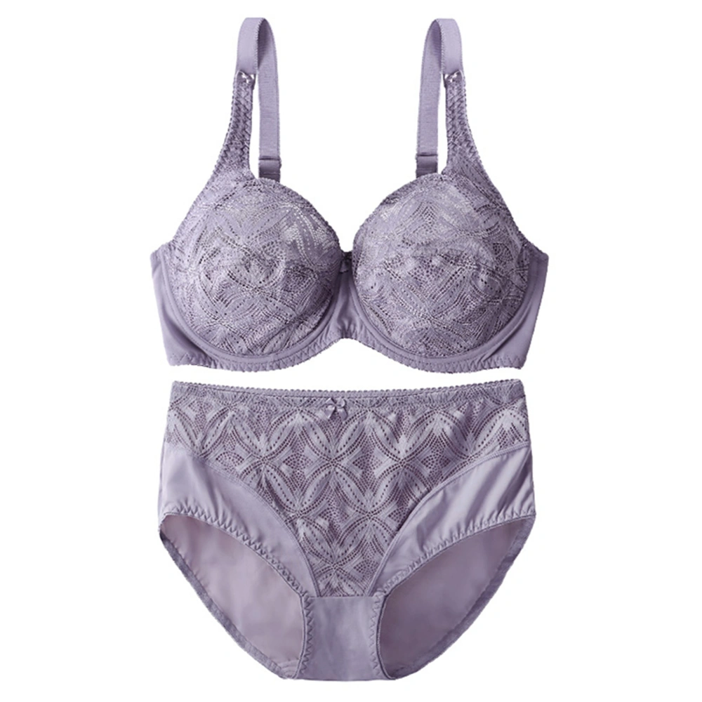 Women Bra Panty Set Underwire Lace Bra High Waist Underwear Elastic for Daily Wear Dating Light Purple 90E