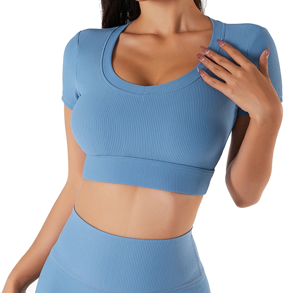 Women Ribbed Workout Outfits 2 Piece Short Sleeve Crop Top Quick Drying for Jogging Running Fitness Yoga Dark Blue M