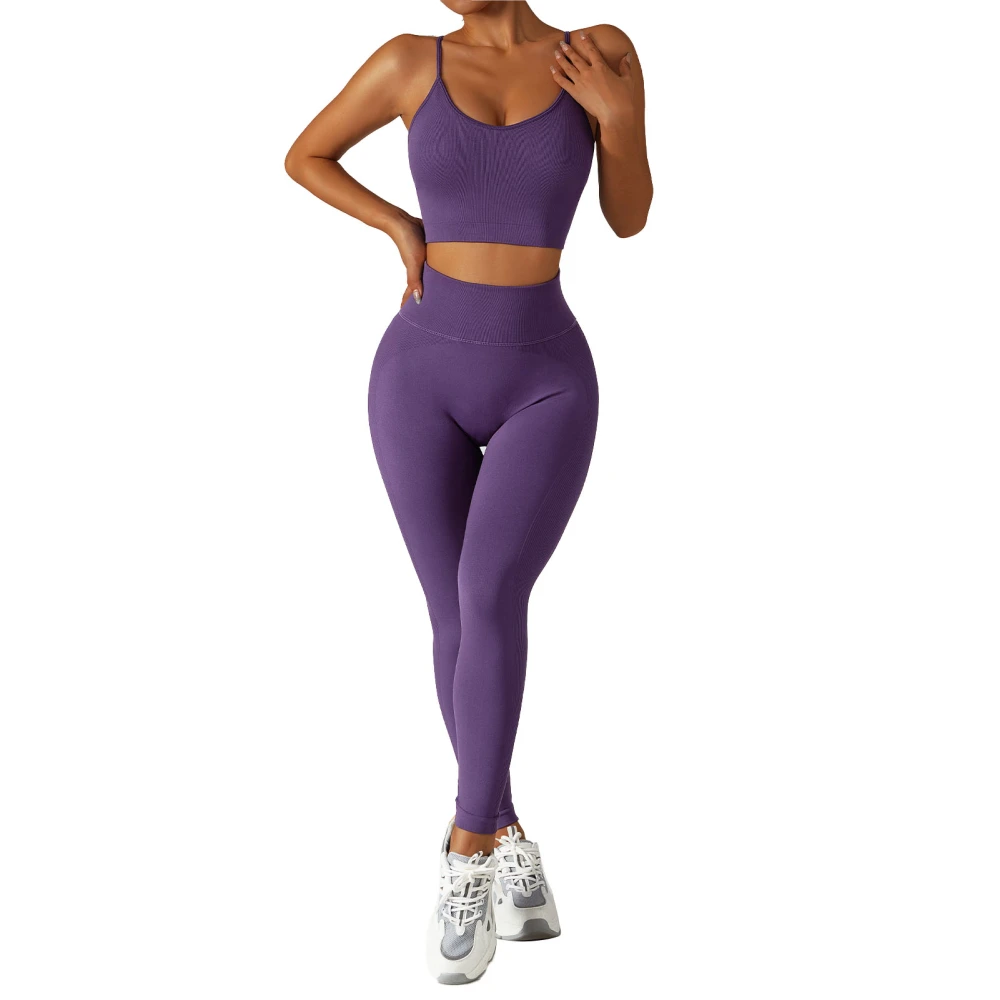 Women Workout Outfits 2 Piece Seamless Sport Bra High Waist Yoga Leggings Set for Running Yoga Violet S