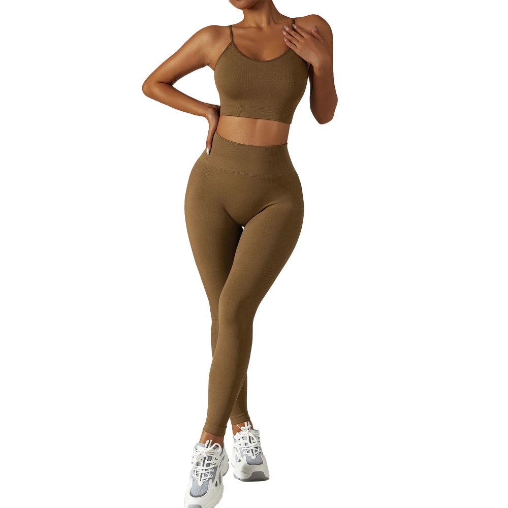 Women Workout Outfits 2 Piece Seamless Sport Bra High Waist Yoga Leggings Set for Running Yoga Dark Khaki L