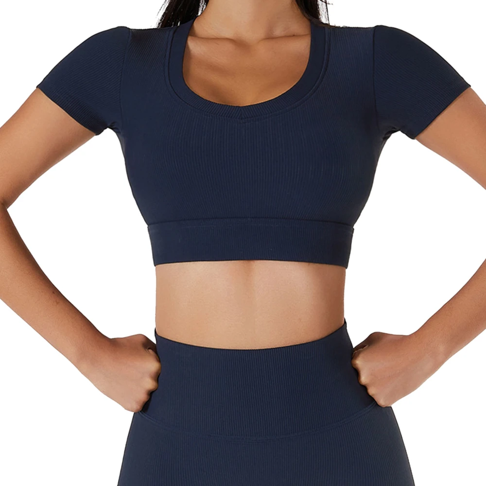 Women Ribbed Workout Outfits 2 Piece Short Sleeve Crop Top Quick Drying for Jogging Running Fitness Yoga Blue M