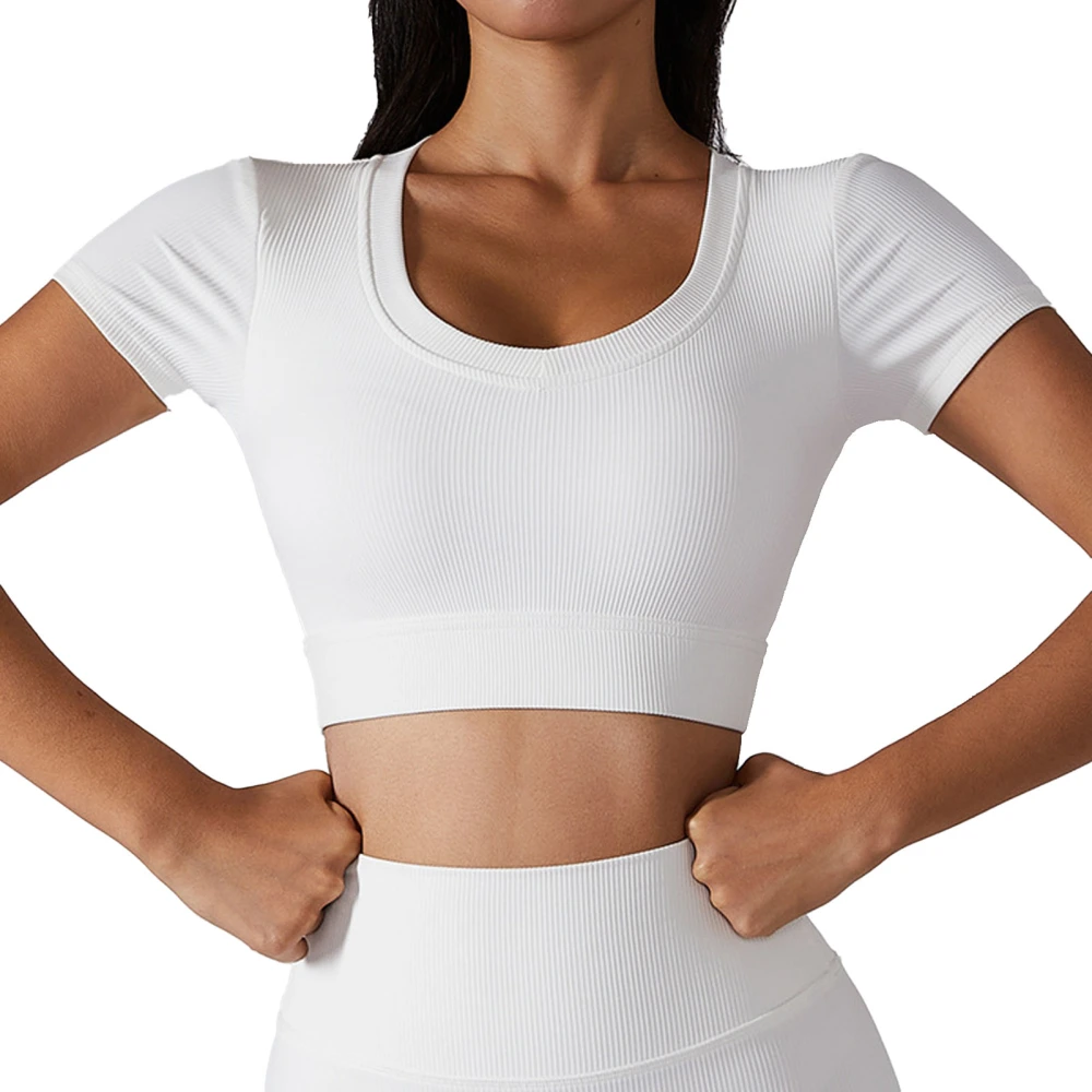 Women Ribbed Workout Outfits 2 Piece Short Sleeve Crop Top Quick Drying for Jogging Running Fitness Yoga White M