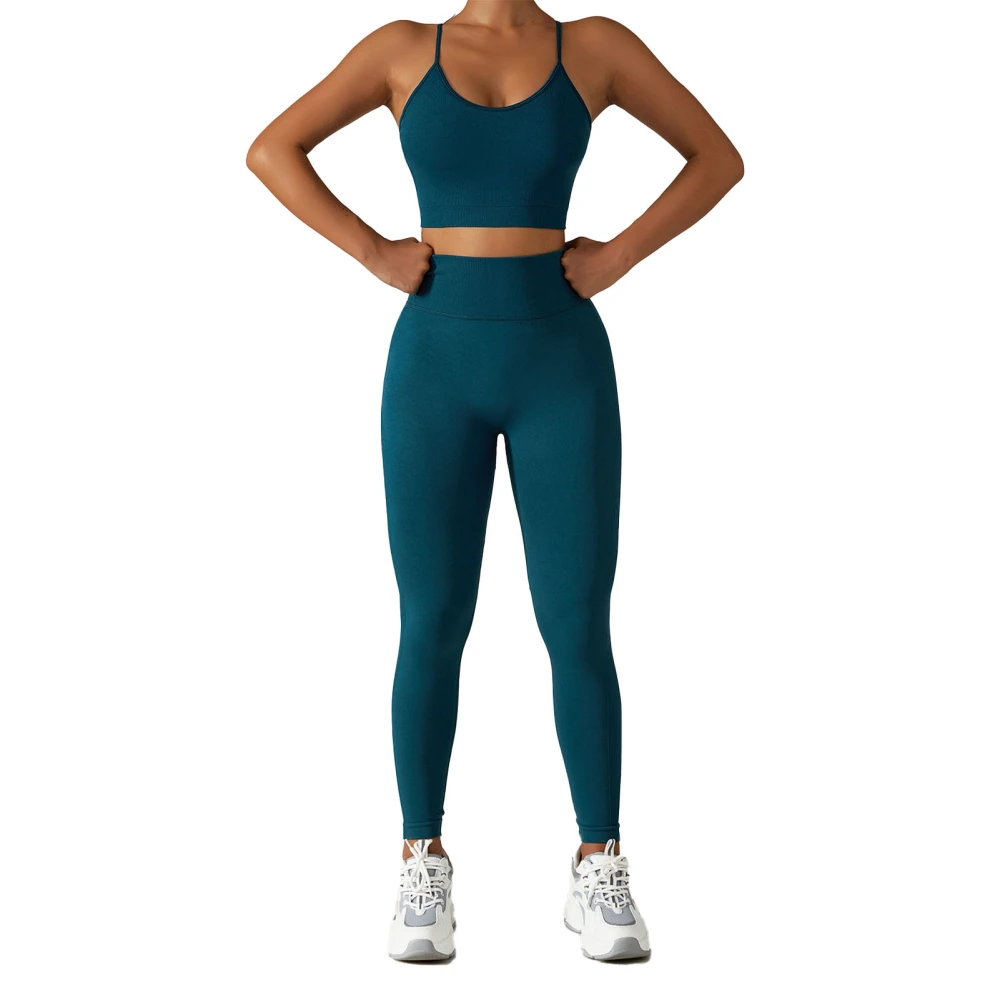 Women Workout Outfits 2 Piece Seamless Sport Bra High Waist Yoga Leggings Set for Running Yoga Dark Blue L