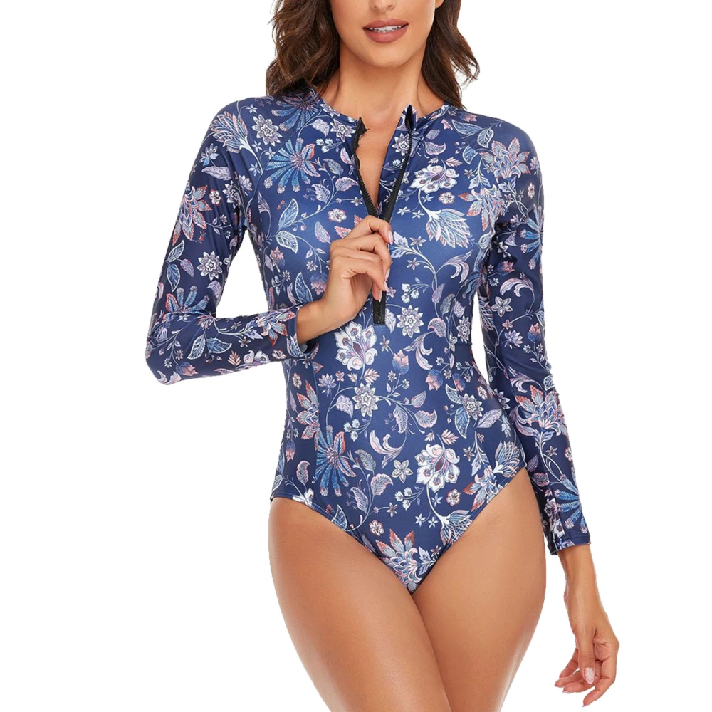 Women One Piece Long Sleeve Swimsuit Quick Dry Splicing Printed Zipper Surfing Bathing Suit for Beach Party Navy Blue Flower M