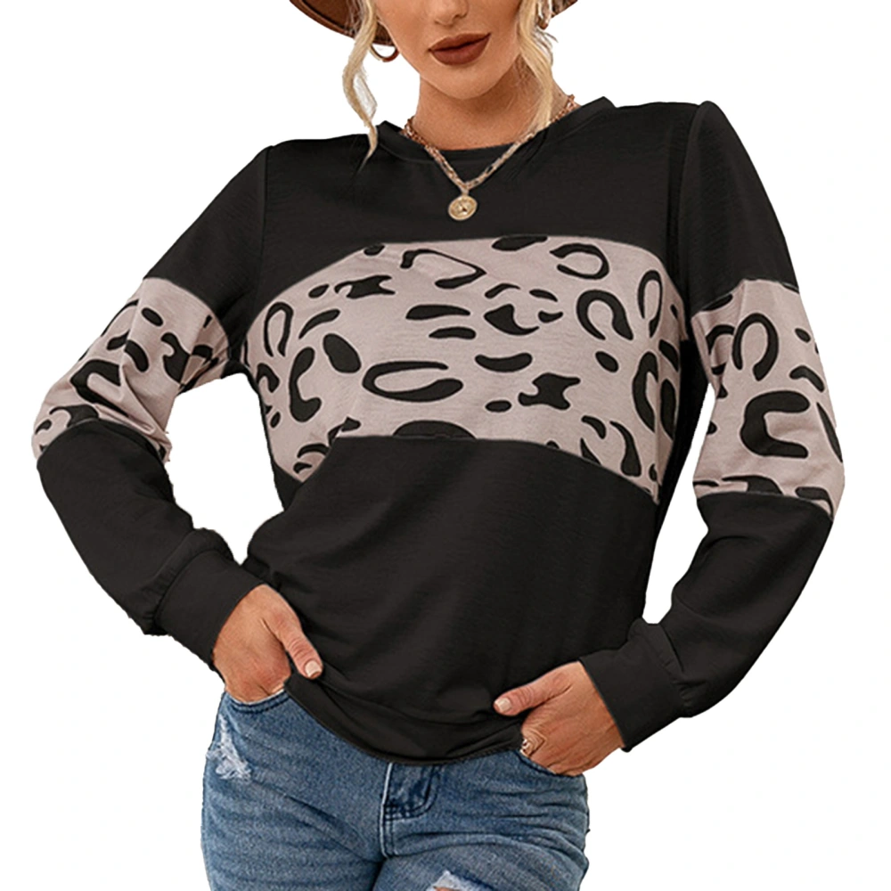 Blouse Long Sleeve Round Neck Pullover Print Casual Basic Fashionable Top for Women Black S